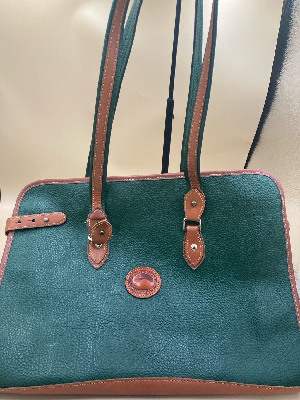 Dooney & Bourke Forest Green Pebbled Leather Tote With Brown Trim Vintage